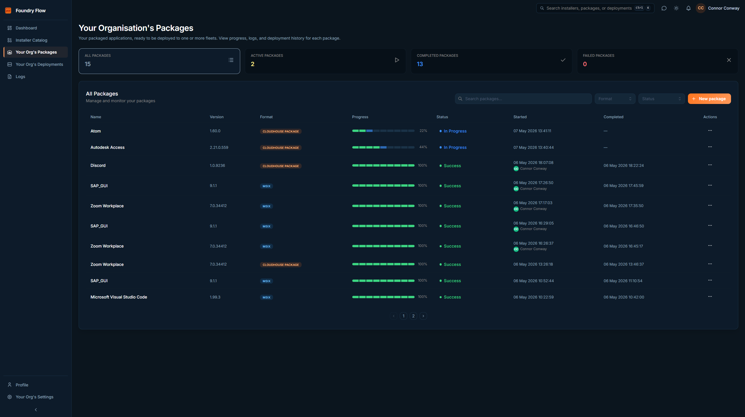 Foundry Flow packaging dashboard showing package progress, status and fleet assignment
