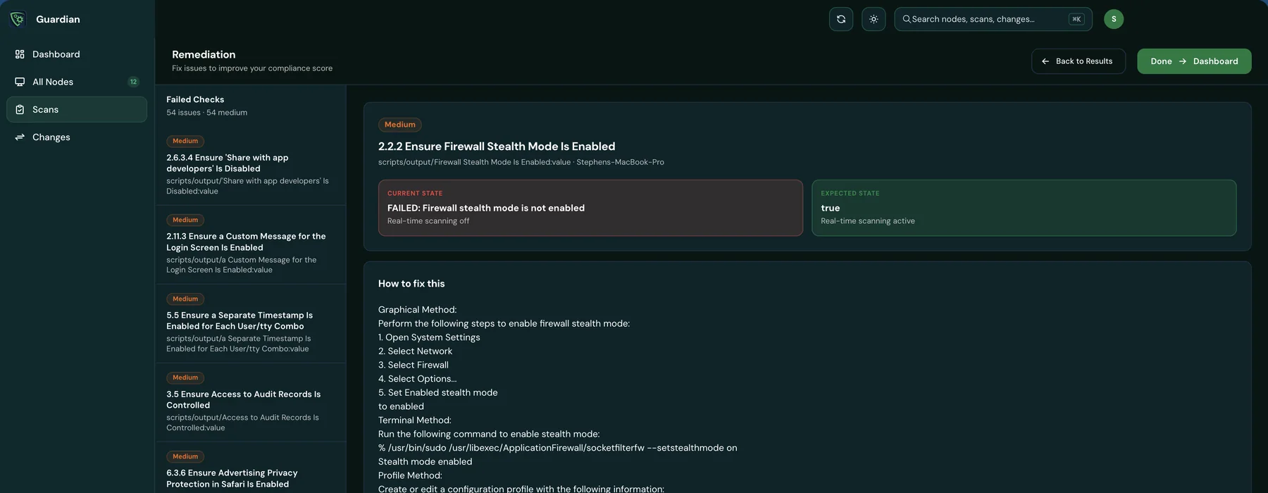 Guardian remediation view for a failed CIS check, showing current state against expected state and step-by-step instructions to fix it.